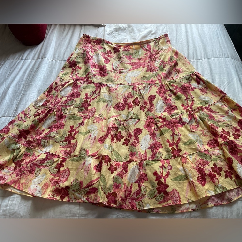 Emma James Linen Rayon Butter Yellow Floral‎ Tiered Skirt 16W Fairy Cottage Boho
